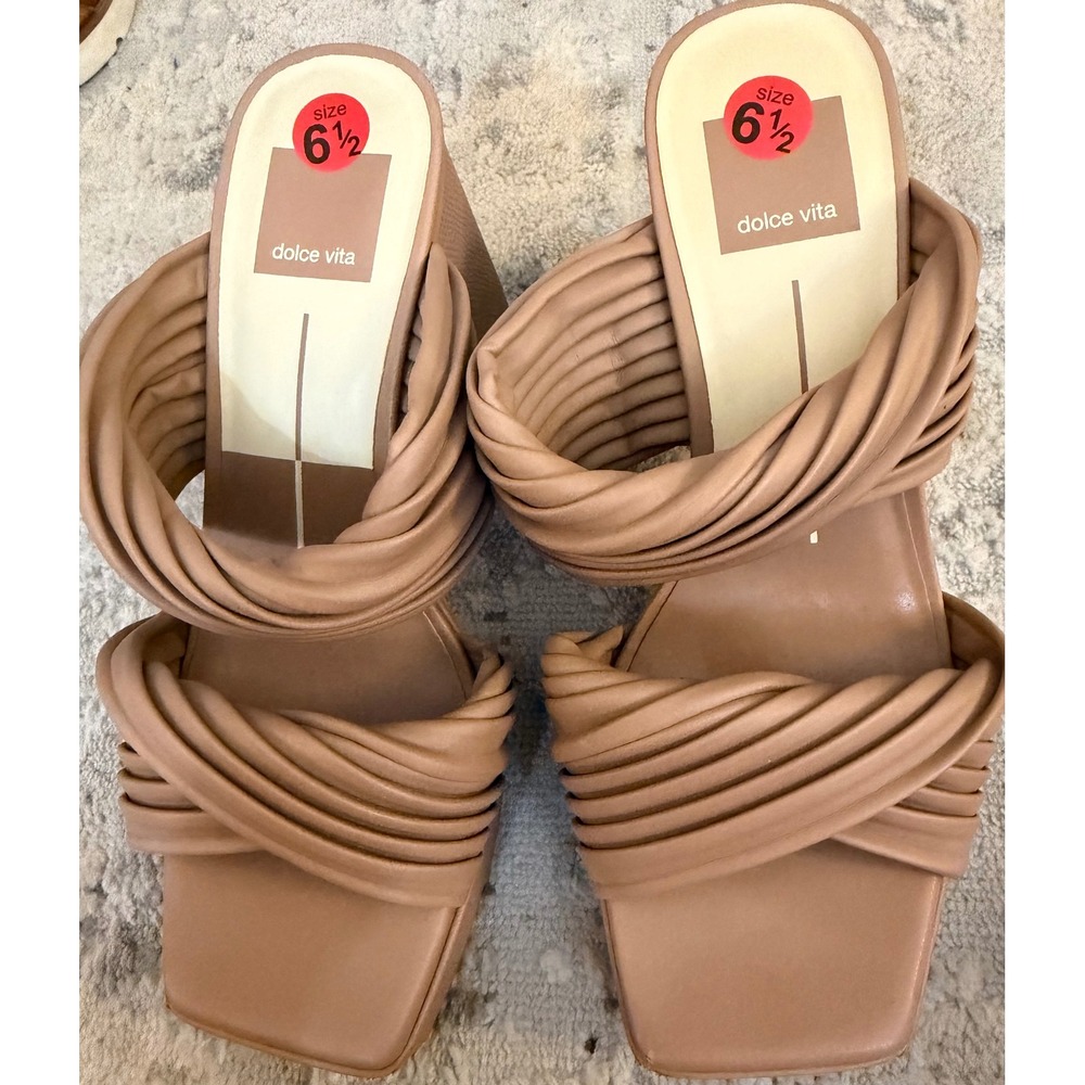Dolce Vita Women Cafe Tan Pleated Straps Platform Block Heel Sandals Size 6.5